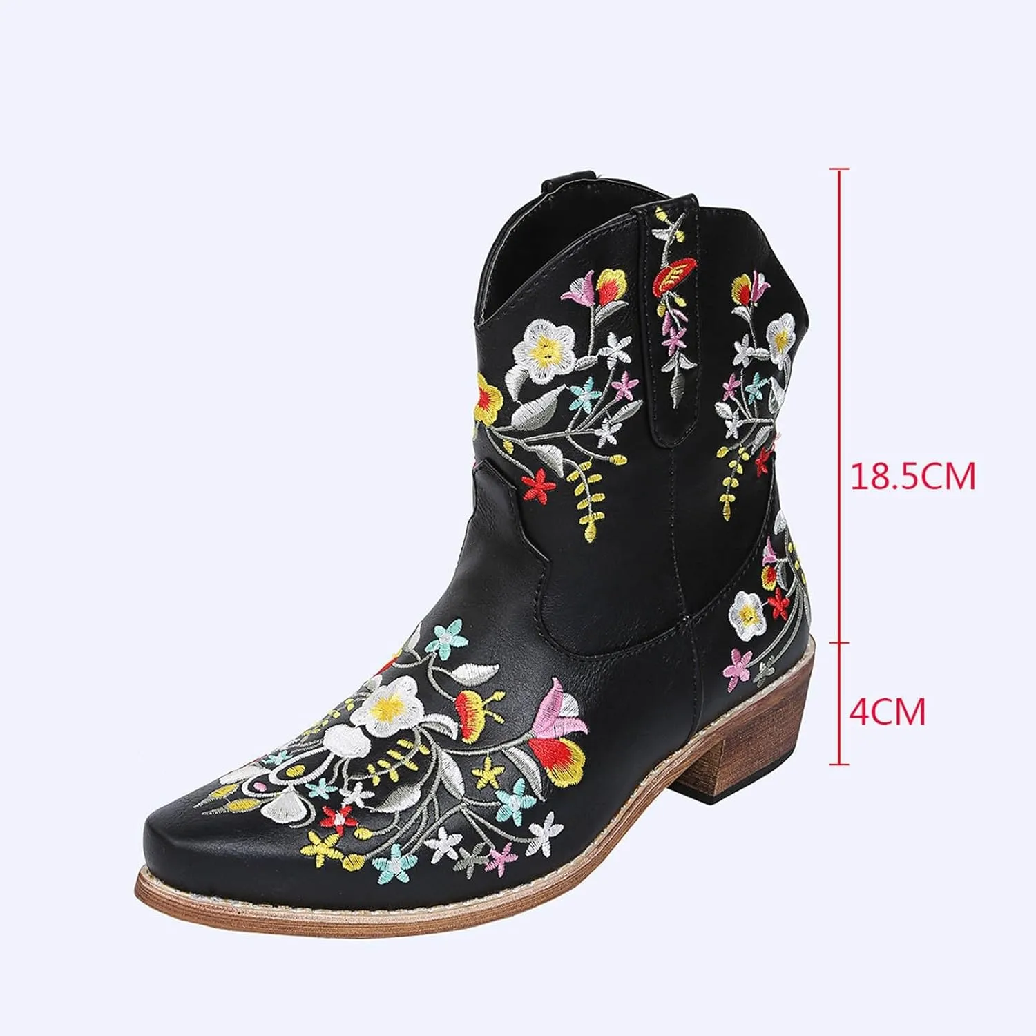 Cowboy Boots for Women Leather Wide Calf Boots for Women With Heel Solid Color Pointed Toe Flower Embroidery Boots