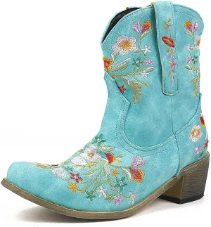 Cowboy Boots for Women Wide Calf Cowgirl Boots Low Heel Boots Retro Chunky Heels Embroidered Pointed Toe Cowboy Boots