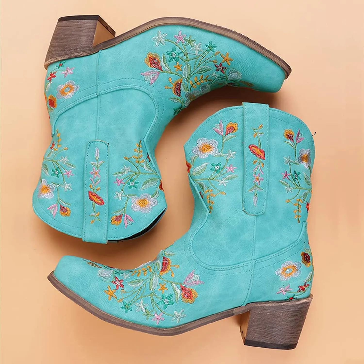 Cowboy Boots for Women Wide Calf Cowgirl Boots Low Heel Boots Retro Chunky Heels Embroidered Pointed Toe Cowboy Boots