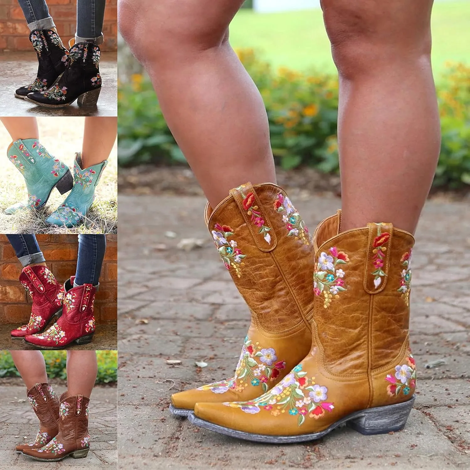 Cowboy Boots for Women Wide Calf Cowgirl Boots Low Heel Boots Retro Chunky Heels Embroidered Pointed Toe Cowboy Boots