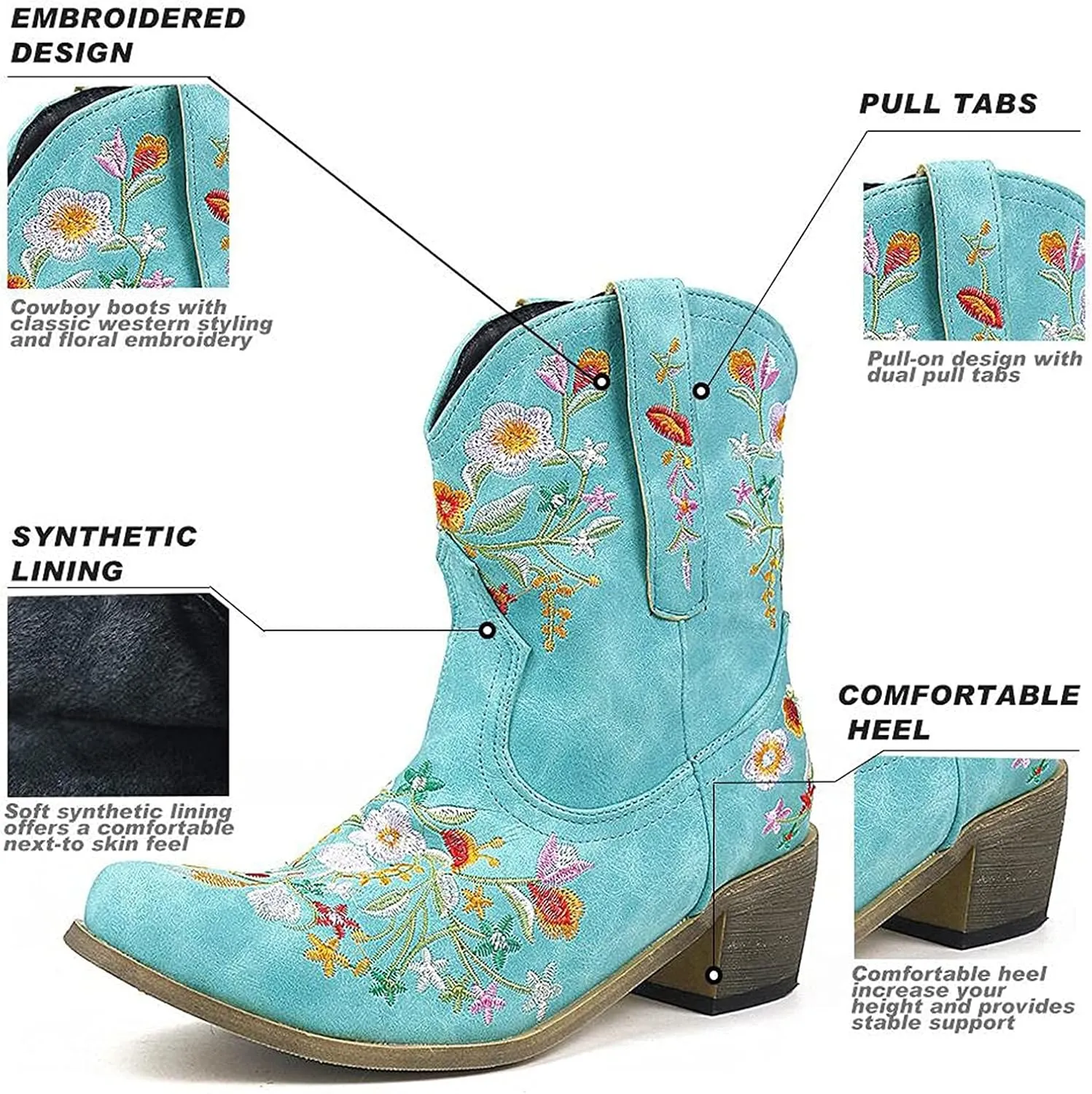 Cowboy Boots for Women Wide Calf Cowgirl Boots Low Heel Boots Retro Chunky Heels Embroidered Pointed Toe Cowboy Boots