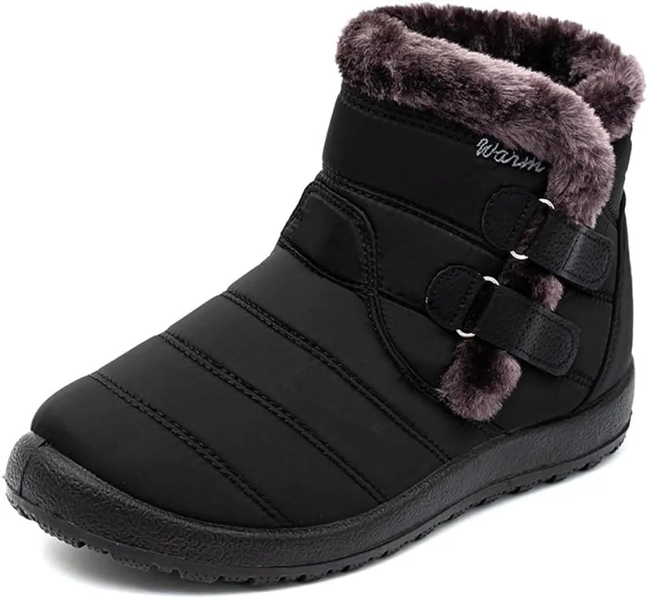 Cubicbee Women's Waterproof Warm Mid-Calf Snow Boots Faux Fur Comfortable Warm Hook Loop Outdoor Boots Non-Slip Furry Cotton Shoes Fashion Metal Buckle Furry Booties