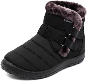 Cubicbee Women's Waterproof Warm Mid-Calf Snow Boots Faux Fur Comfortable Warm Hook Loop Outdoor Boots Non-Slip Furry Cotton Shoes Fashion Metal Buckle Furry Booties