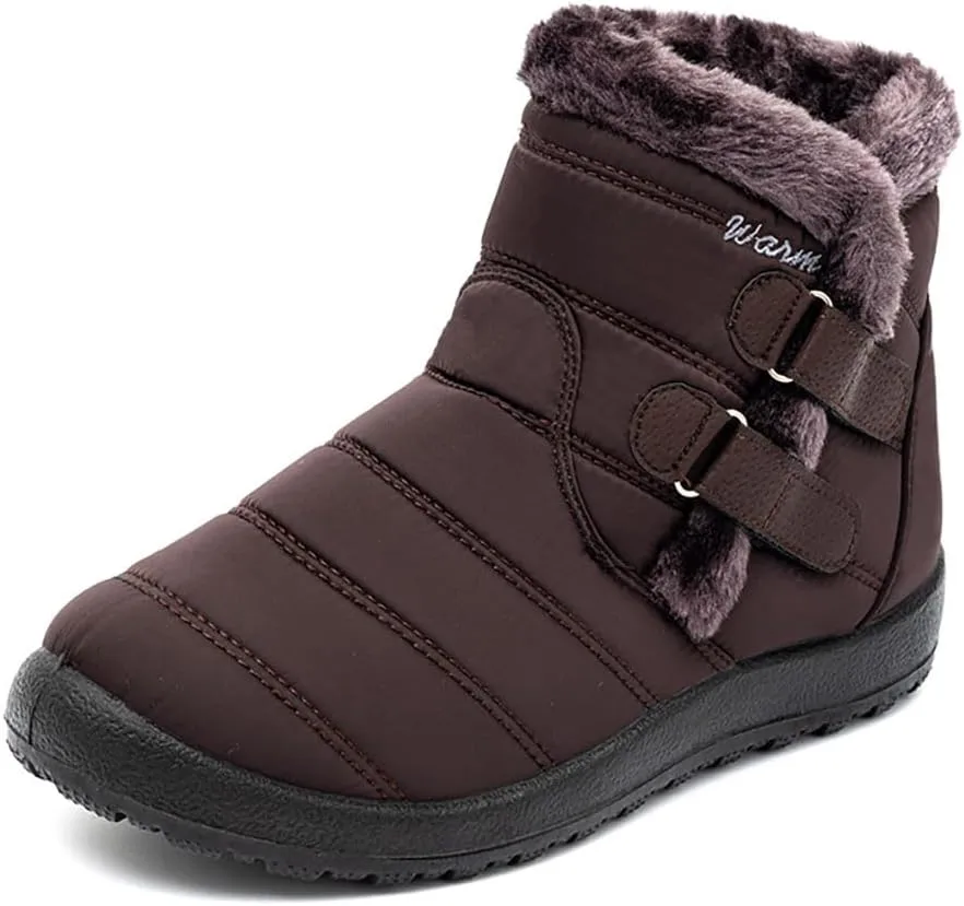 Cubicbee Women's Waterproof Warm Mid-Calf Snow Boots Faux Fur Comfortable Warm Hook Loop Outdoor Boots Non-Slip Furry Cotton Shoes Fashion Metal Buckle Furry Booties