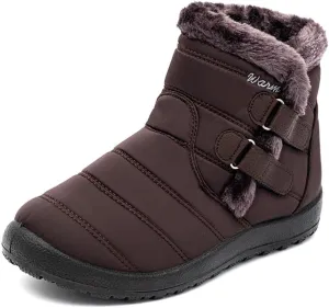 Cubicbee Women's Waterproof Warm Mid-Calf Snow Boots Faux Fur Comfortable Warm Hook Loop Outdoor Boots Non-Slip Furry Cotton Shoes Fashion Metal Buckle Furry Booties