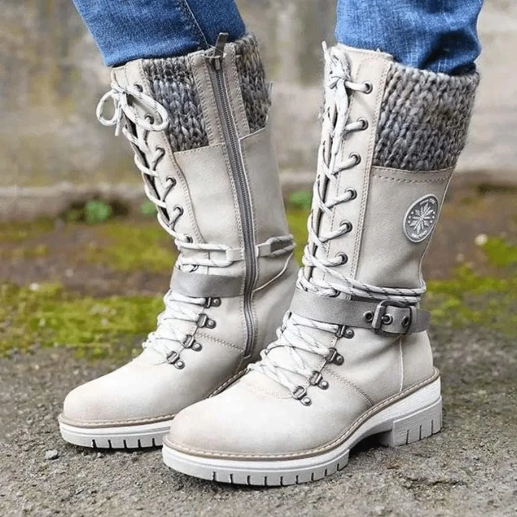Cydmoty Women Buckle Lace Knitted Mid-calf Boots, Women Buckle Lace Knitted Boots, knitted tall shaft hiker boot styled with Stylish finished hardware and two-tone laces