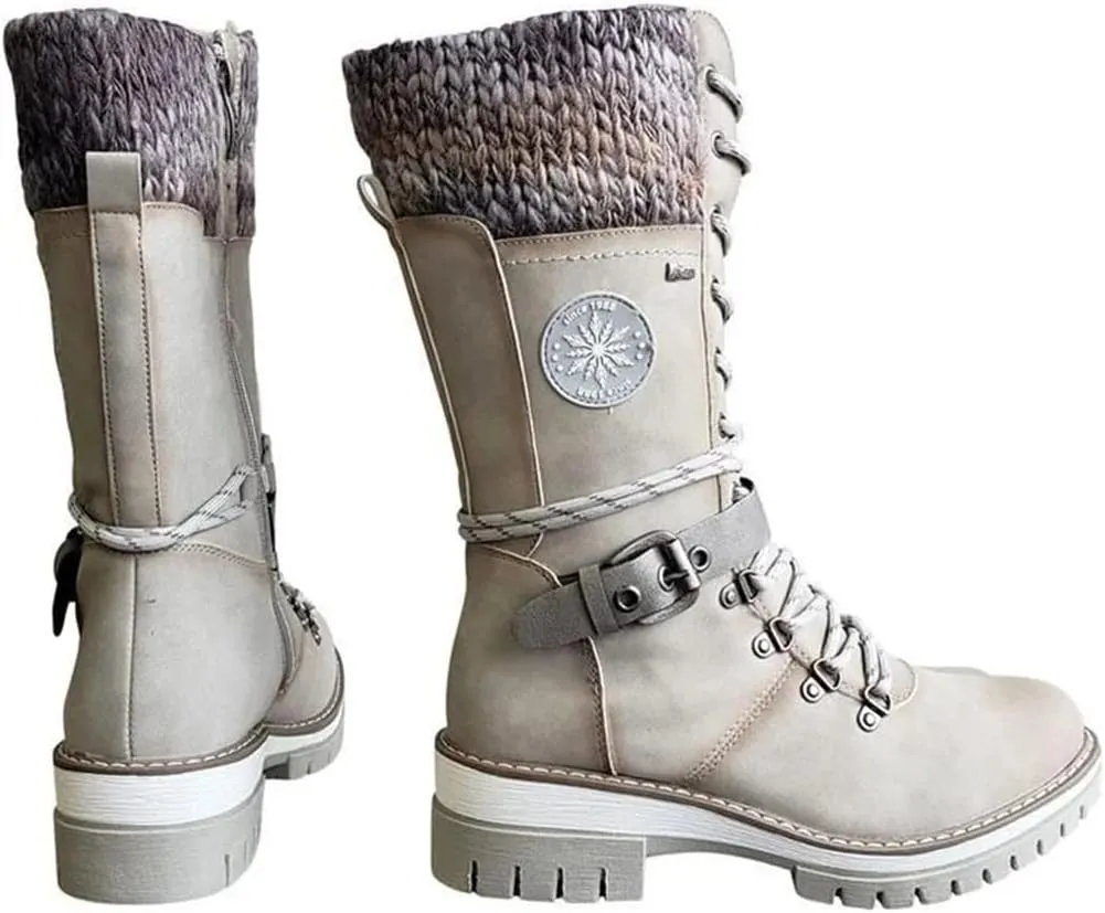 Cydmoty Women Buckle Lace Knitted Mid-calf Boots, Women Buckle Lace Knitted Boots, knitted tall shaft hiker boot styled with Stylish finished hardware and two-tone laces