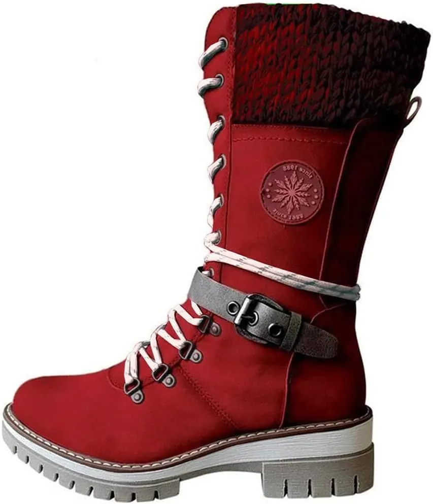 Cydmoty Women Buckle Lace Knitted Mid-calf Boots, Women Buckle Lace Knitted Boots, knitted tall shaft hiker boot styled with Stylish finished hardware and two-tone laces