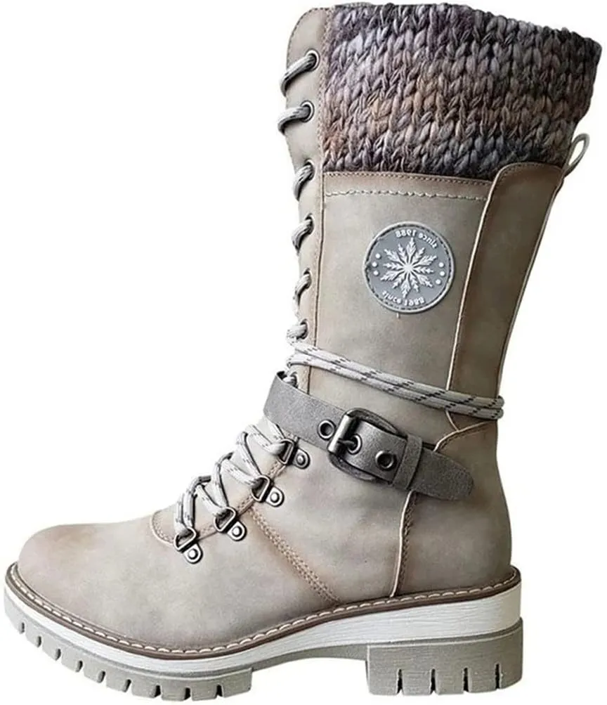 Cydmoty Women Buckle Lace Knitted Mid-calf Boots, Women Buckle Lace Knitted Boots, knitted tall shaft hiker boot styled with Stylish finished hardware and two-tone laces