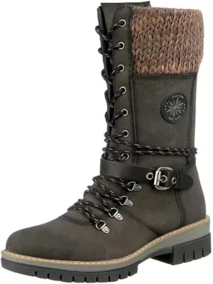 Cydmoty Women Buckle Lace Knitted Mid-calf Boots, Women Buckle Lace Knitted Boots, knitted tall shaft hiker boot styled with Stylish finished hardware and two-tone laces