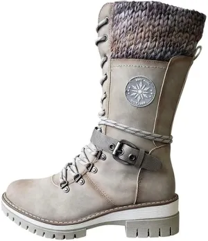 Cydmoty Women Buckle Lace Knitted Mid-calf Boots, Women Buckle Lace Knitted Boots, knitted tall shaft hiker boot styled with Stylish finished hardware and two-tone laces