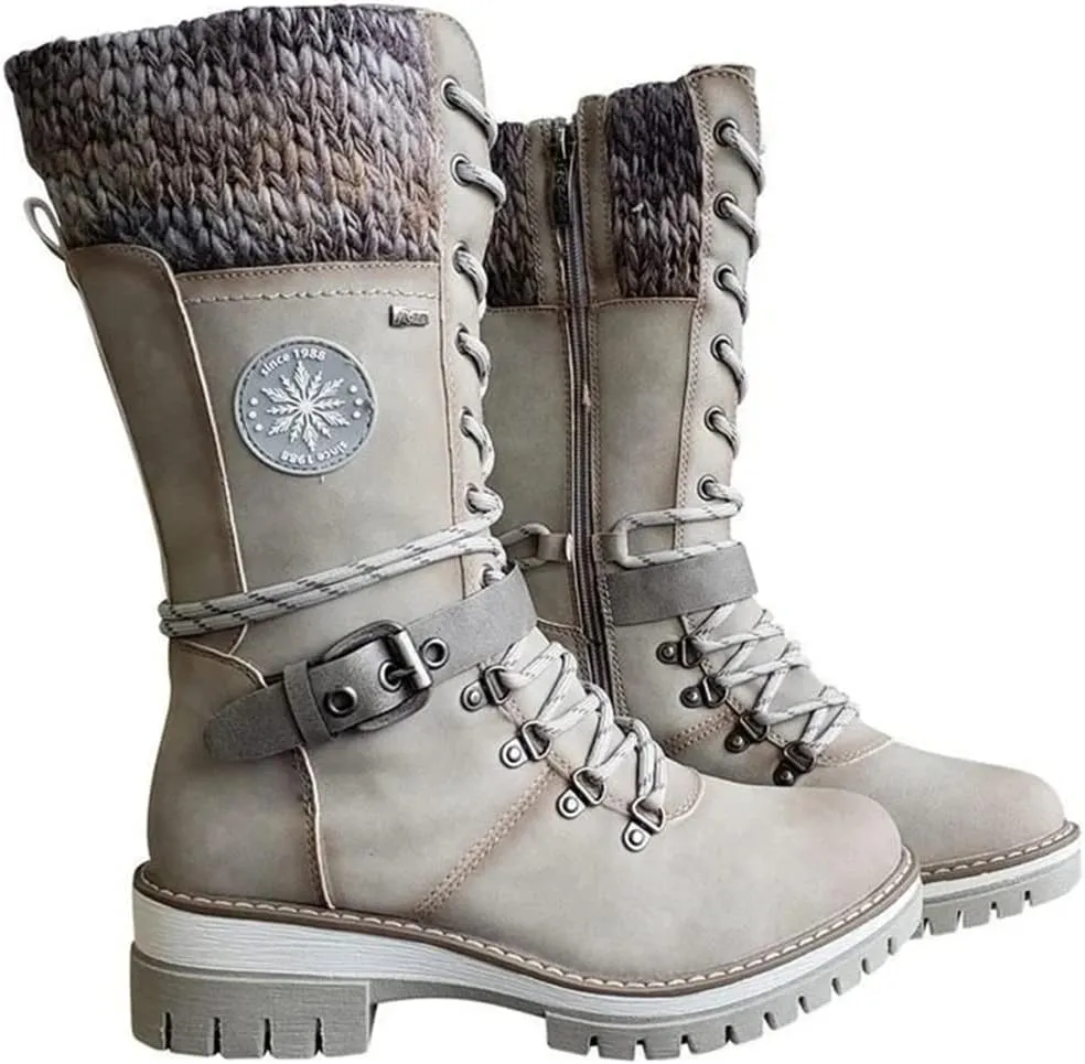Cydmoty Women Buckle Lace Knitted Mid-calf Boots, Women Buckle Lace Knitted Boots, knitted tall shaft hiker boot styled with Stylish finished hardware and two-tone laces