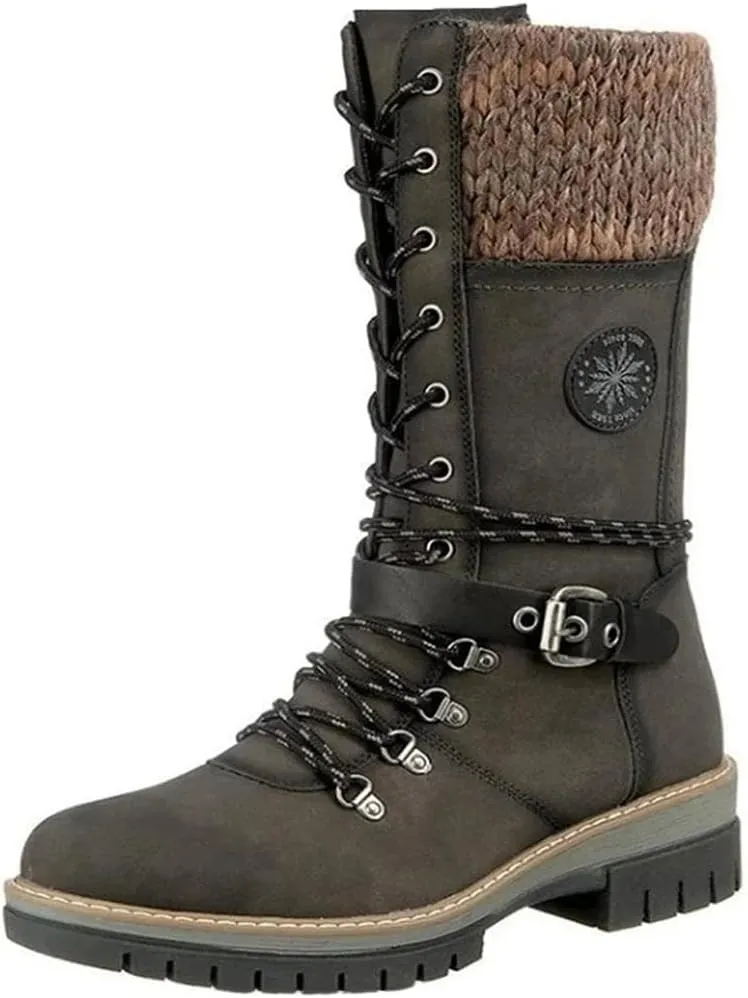 Cydmoty Women Buckle Lace Knitted Mid-calf Boots, Women Buckle Lace Knitted Boots, knitted tall shaft hiker boot styled with Stylish finished hardware and two-tone laces