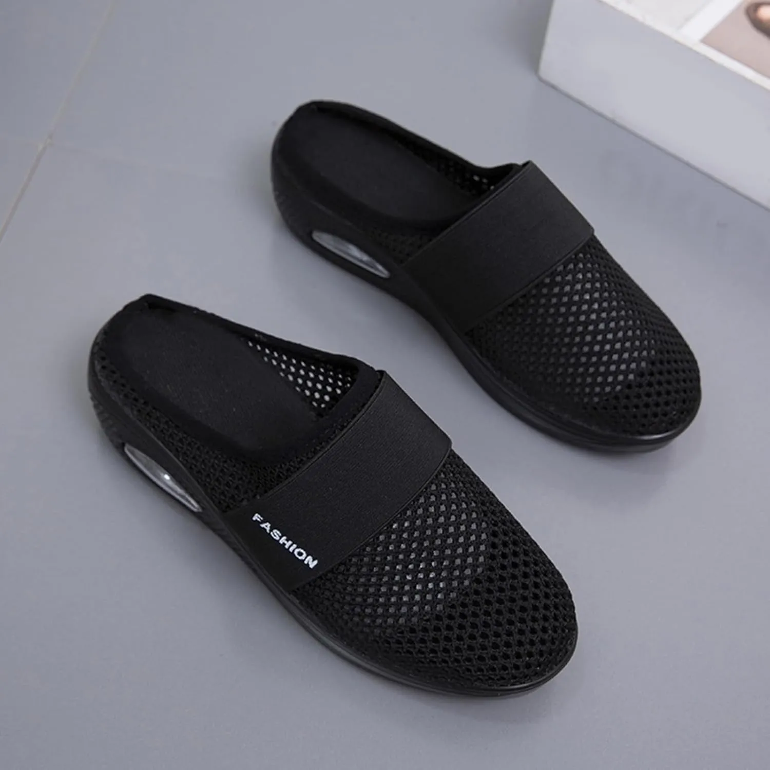 Diabetic Air-Cushion Slip-On Walking Shoes Summer Backless Walking Mules Orthopedic Diabetic Slippers Breathable Mesh Air Cushion Shoe Open Back Slip On Shoe Lightweight Slippers with Arch-Support