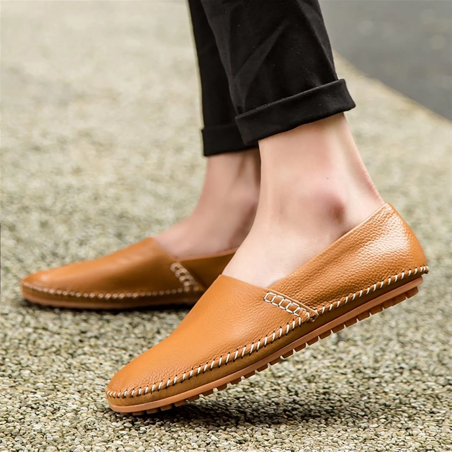 Easy to Put and Remove. Driving Moccasins Loafer Shoes for Men Genuine Leather Round Toe Stitching Details Lightweight Anti-Slip Flexible Walking Slip on for All Occasions