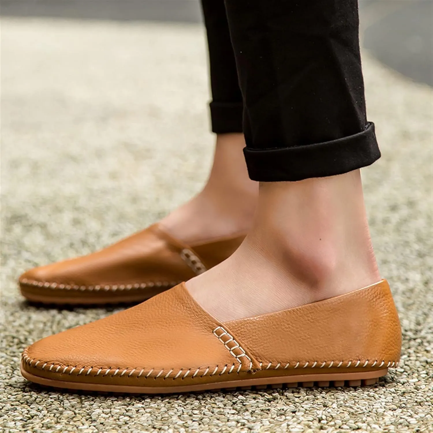 Easy to Put and Remove. Driving Moccasins Loafer Shoes for Men Genuine Leather Round Toe Stitching Details Lightweight Anti-Slip Flexible Walking Slip on for All Occasions