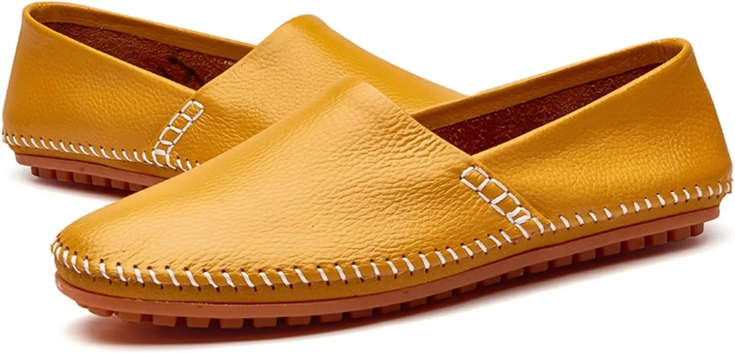 Easy to Put and Remove. Driving Moccasins Loafer Shoes for Men Genuine Leather Round Toe Stitching Details Lightweight Anti-Slip Flexible Walking Slip on for All Occasions