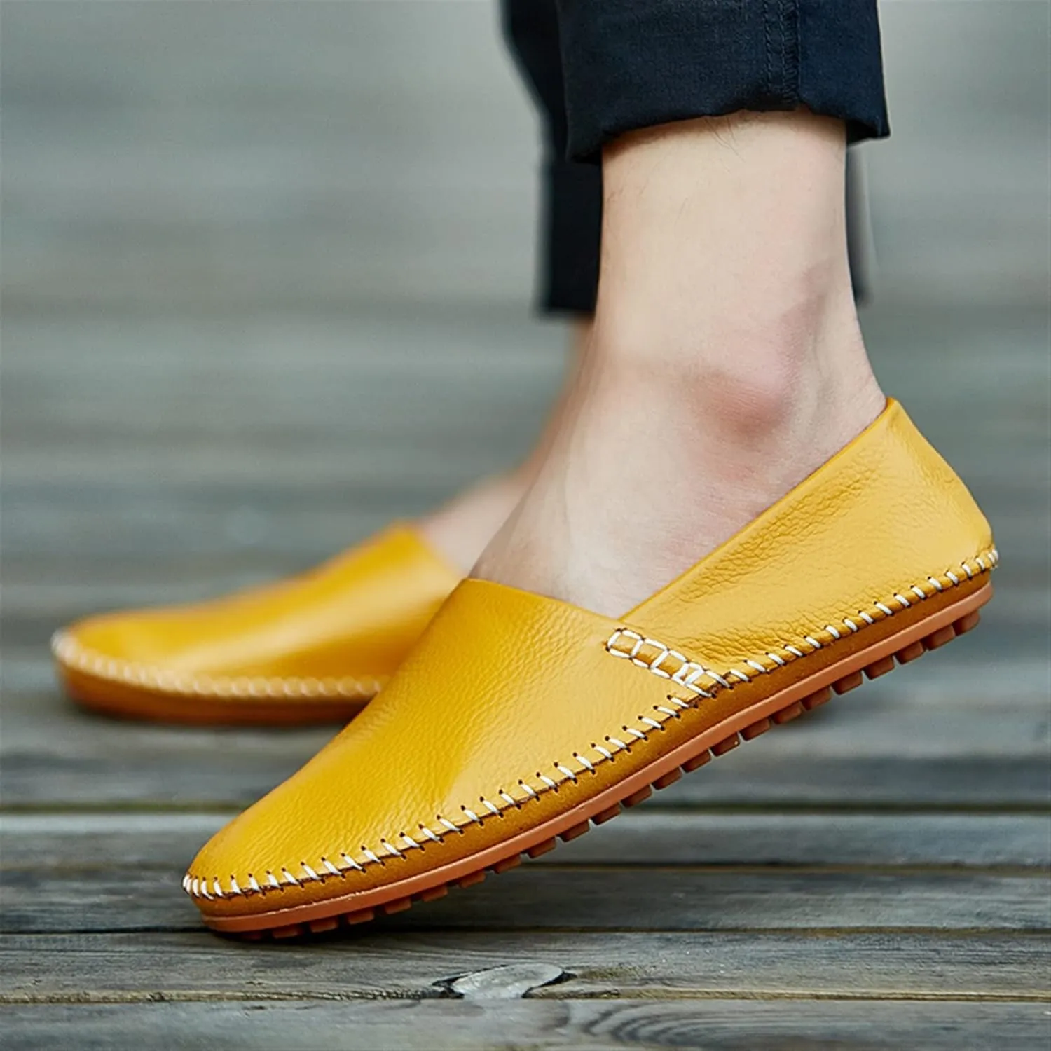 Easy to Put and Remove. Driving Moccasins Loafer Shoes for Men Genuine Leather Round Toe Stitching Details Lightweight Anti-Slip Flexible Walking Slip on for All Occasions