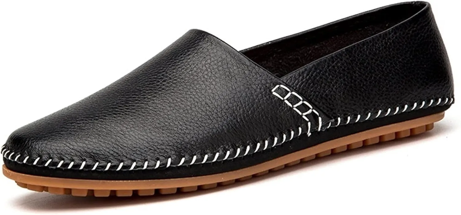 Easy to Put and Remove. Driving Moccasins Loafer Shoes for Men Genuine Leather Round Toe Stitching Details Lightweight Anti-Slip Flexible Walking Slip on for All Occasions