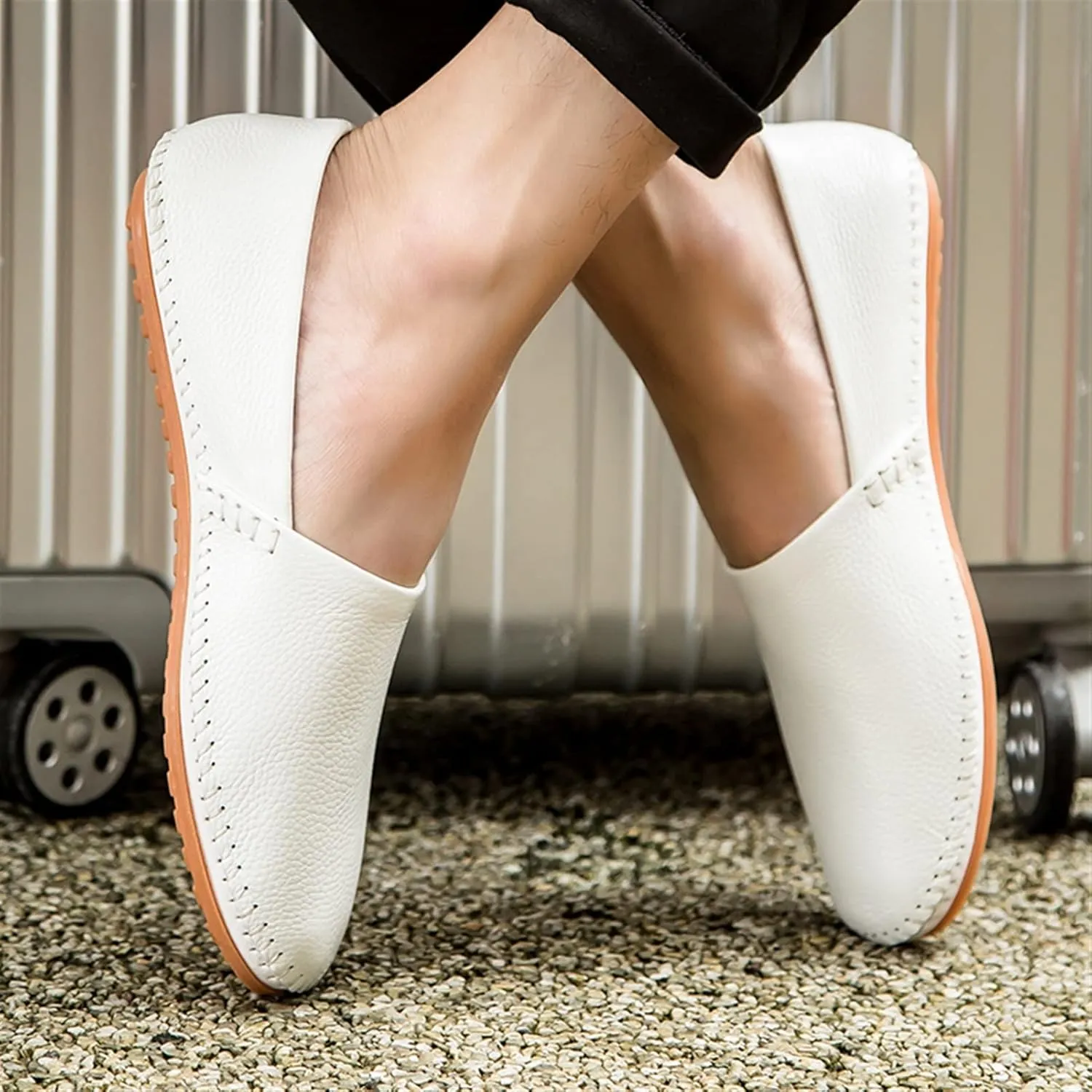 Easy to Put and Remove. Driving Moccasins Loafer Shoes for Men Genuine Leather Round Toe Stitching Details Lightweight Anti-Slip Flexible Walking Slip on for All Occasions