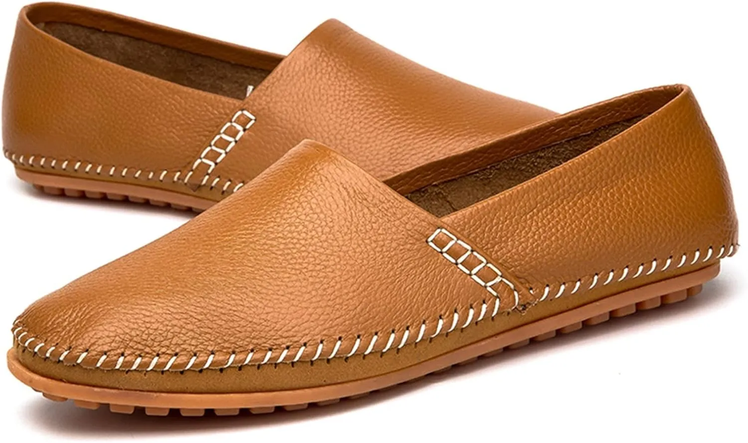 Easy to Put and Remove. Driving Moccasins Loafer Shoes for Men Genuine Leather Round Toe Stitching Details Lightweight Anti-Slip Flexible Walking Slip on for All Occasions