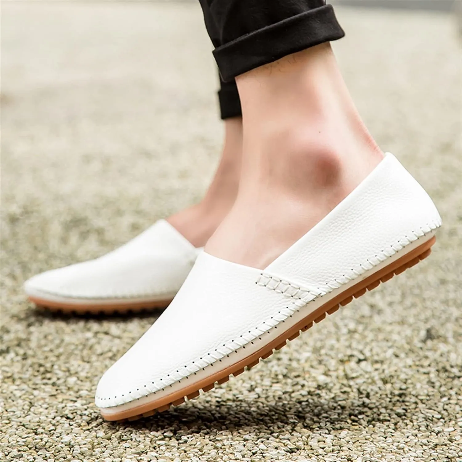 Easy to Put and Remove. Driving Moccasins Loafer Shoes for Men Genuine Leather Round Toe Stitching Details Lightweight Anti-Slip Flexible Walking Slip on for All Occasions