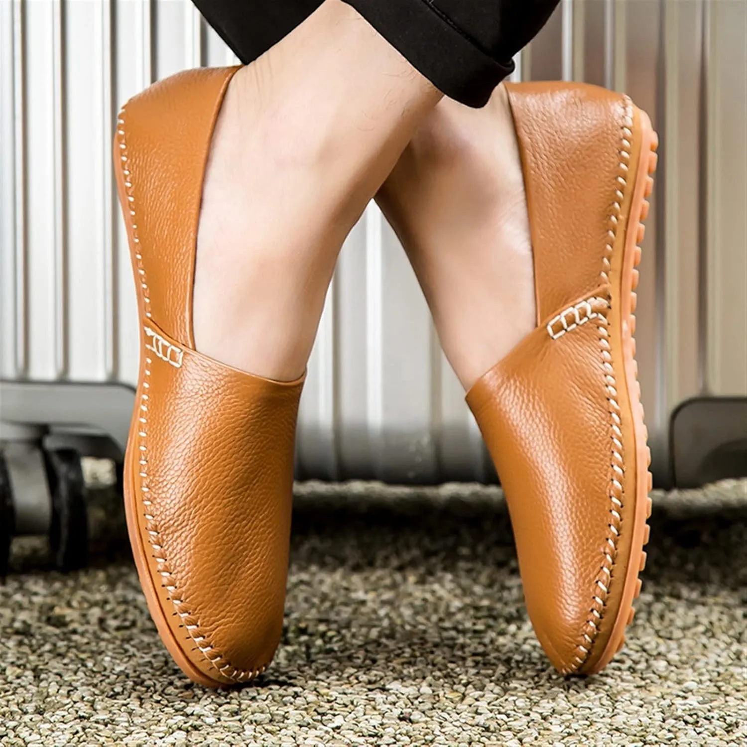 Easy to Put and Remove. Driving Moccasins Loafer Shoes for Men Genuine Leather Round Toe Stitching Details Lightweight Anti-Slip Flexible Walking Slip on for All Occasions