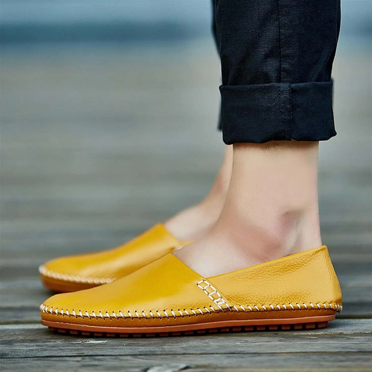 Easy to Put and Remove. Driving Moccasins Loafer Shoes for Men Genuine Leather Round Toe Stitching Details Lightweight Anti-Slip Flexible Walking Slip on for All Occasions