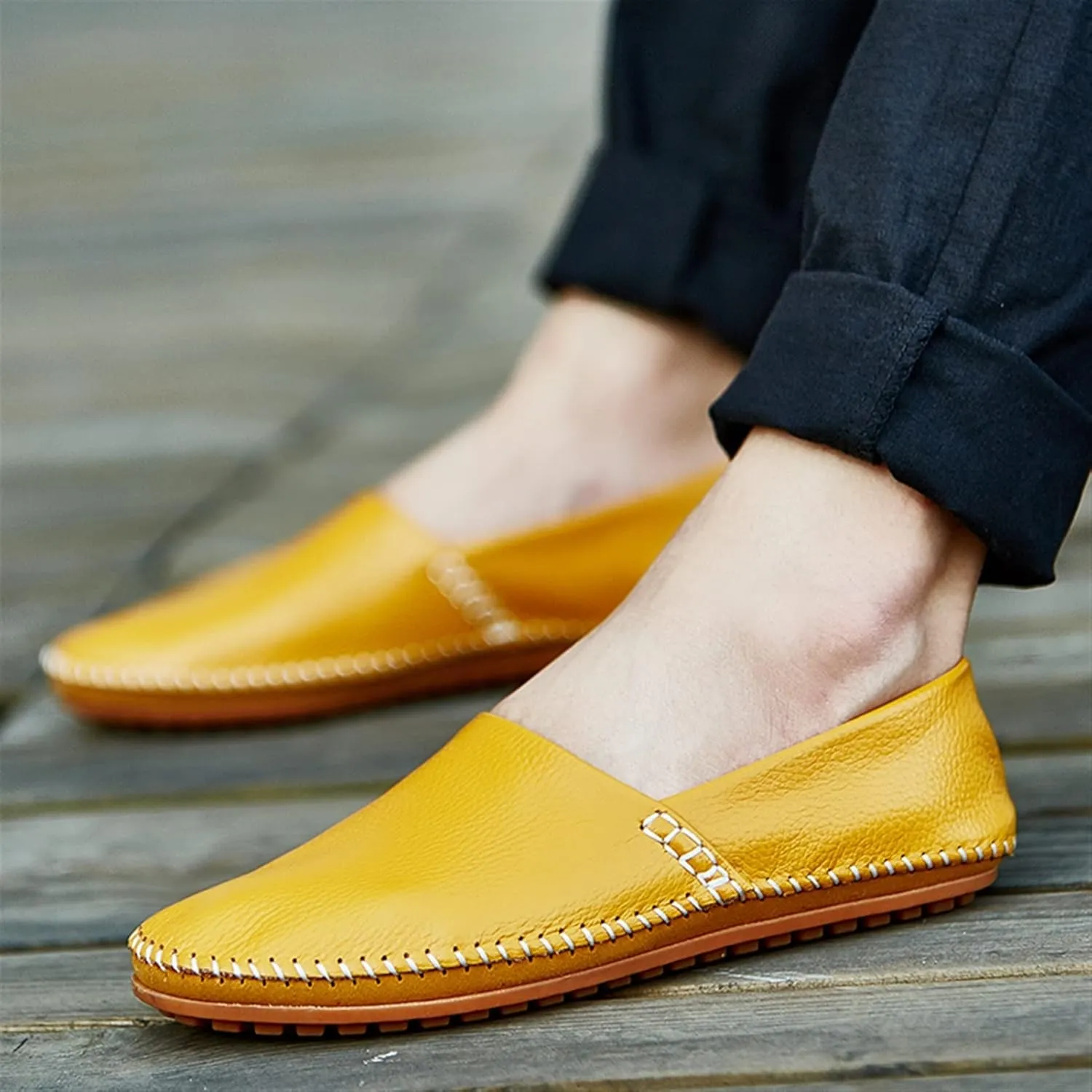 Easy to Put and Remove. Driving Moccasins Loafer Shoes for Men Genuine Leather Round Toe Stitching Details Lightweight Anti-Slip Flexible Walking Slip on for All Occasions