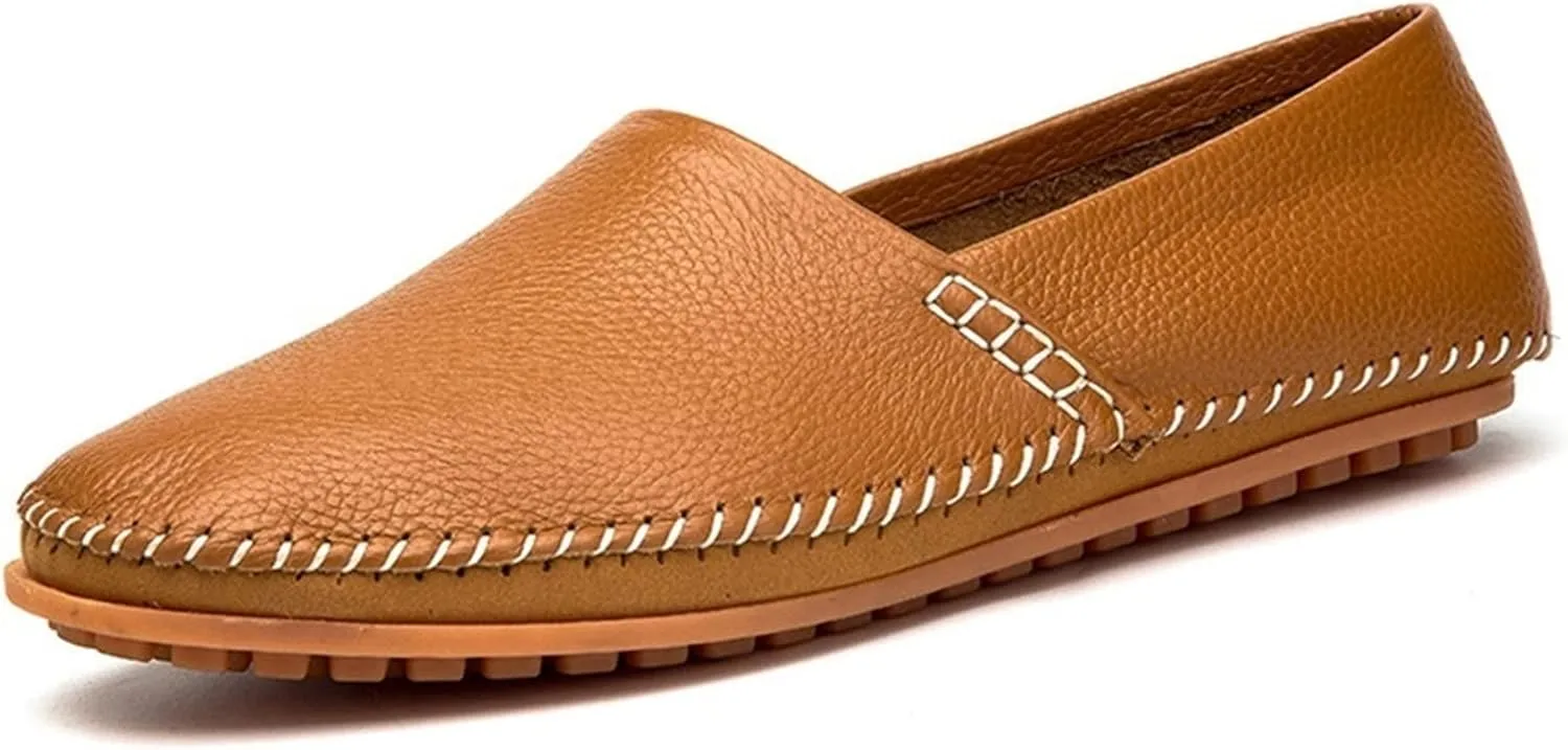 Easy to Put and Remove. Driving Moccasins Loafer Shoes for Men Genuine Leather Round Toe Stitching Details Lightweight Anti-Slip Flexible Walking Slip on for All Occasions