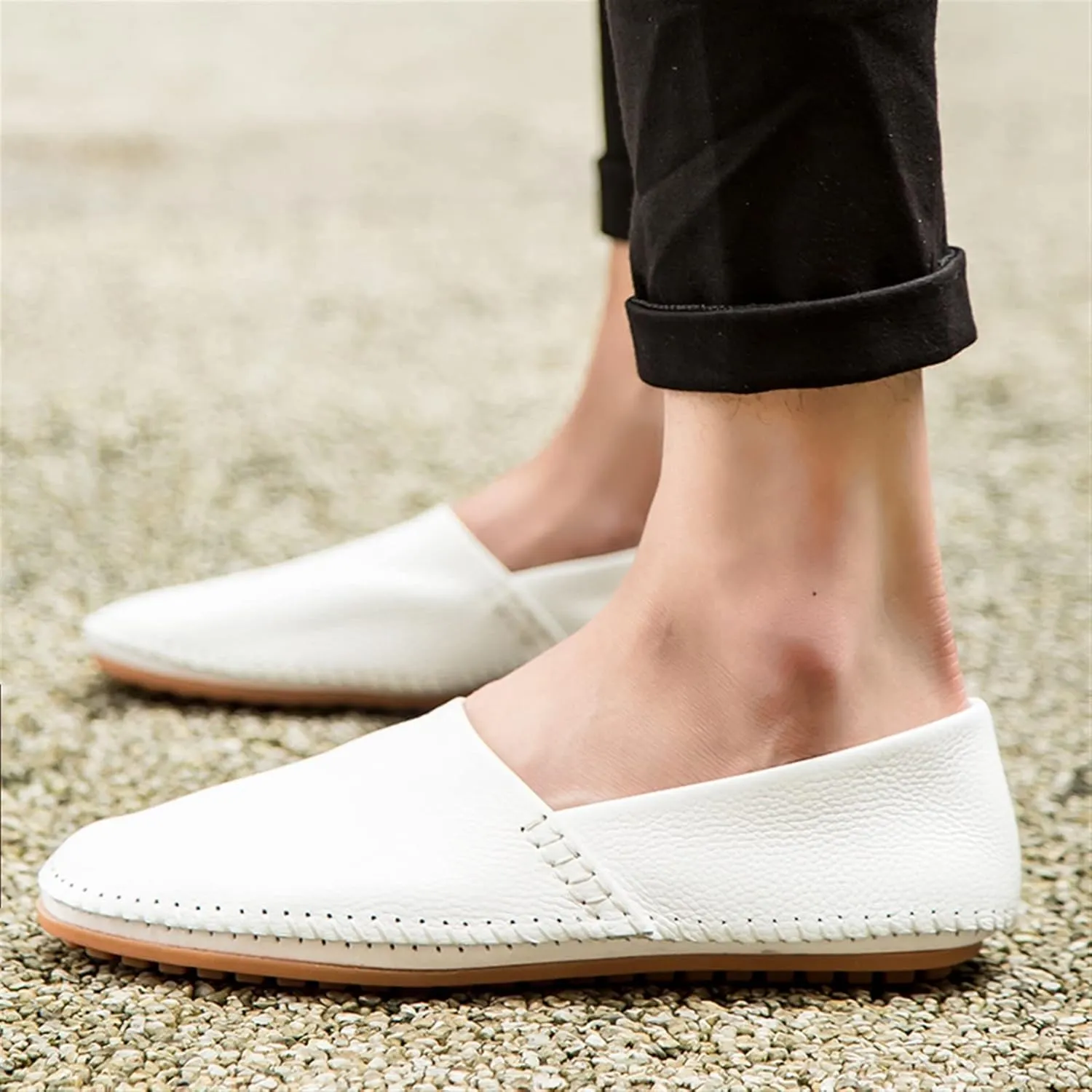 Easy to Put and Remove. Driving Moccasins Loafer Shoes for Men Genuine Leather Round Toe Stitching Details Lightweight Anti-Slip Flexible Walking Slip on for All Occasions