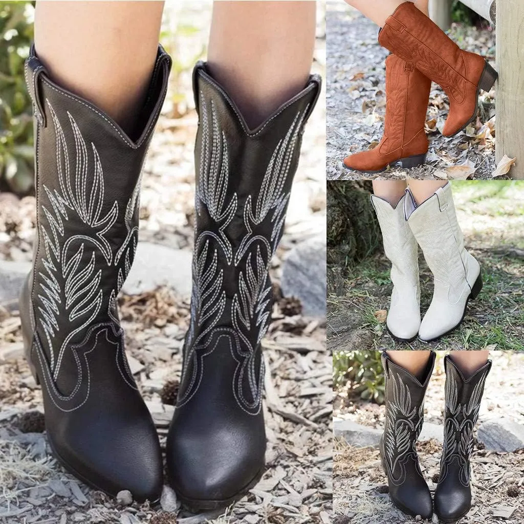 Eduavar Cowboy Boots for Women Cowboy Style, Womens Cowboy Boots Wide Calf Amelia Western Boots Pointed Toe Low Heel Boots