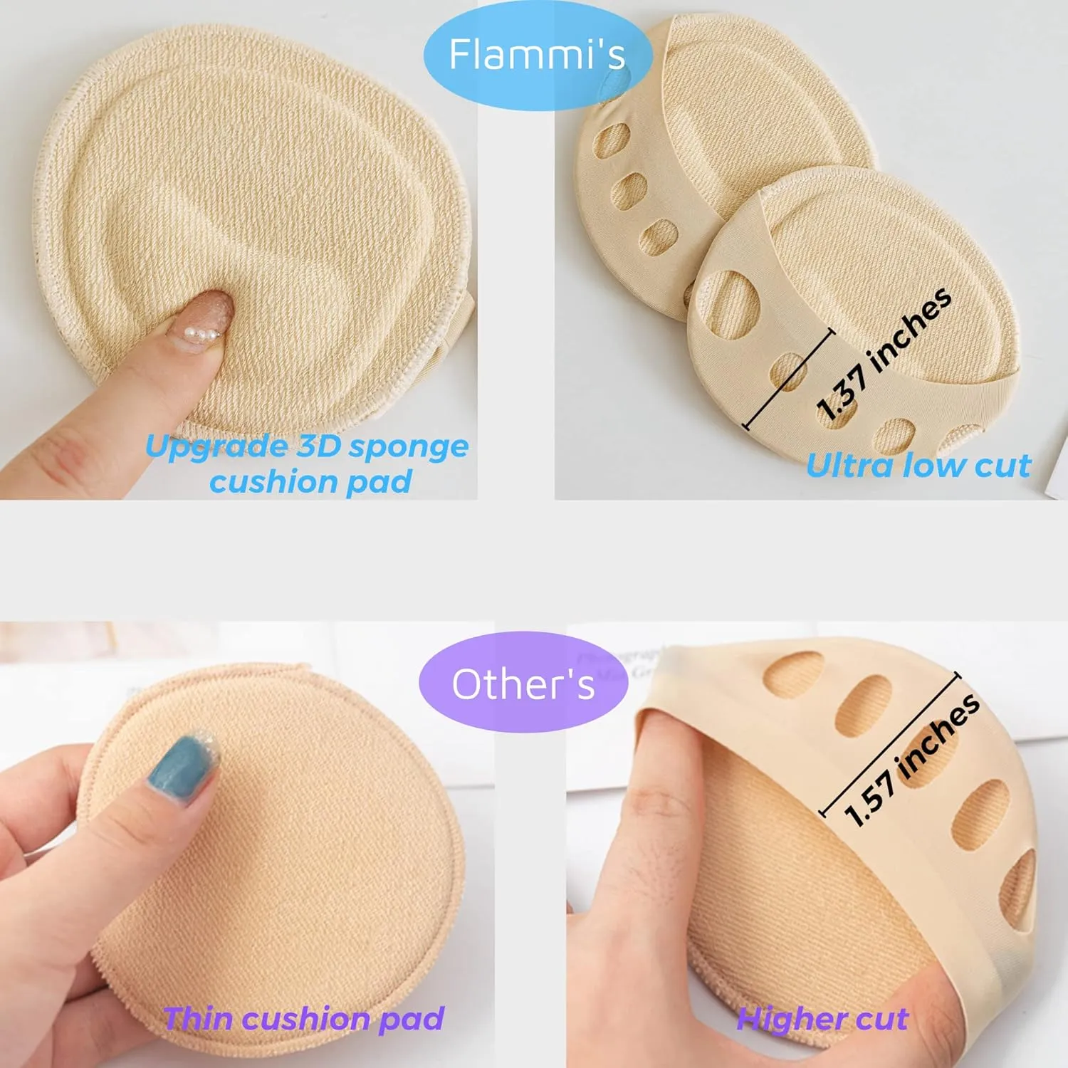 Flammi 6 Pairs Ball of Foot Cushion Socks,Women's Toe Cover with Padding Toe Topper Liner Socks Non-Skid Bottom