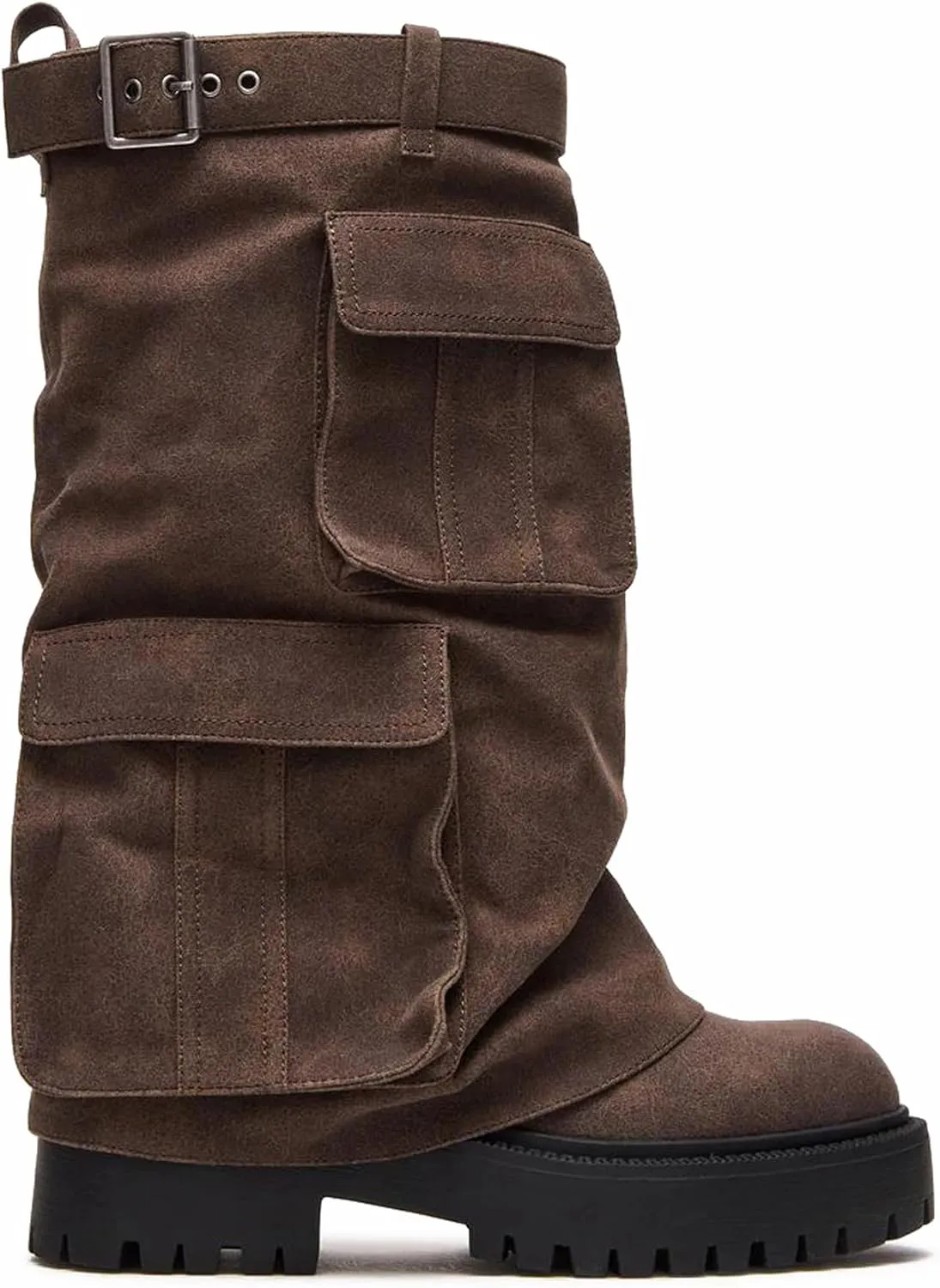Fold Over Mid Calf Platform Boots for Women Round Toe Chunky Block Heel Shark Boots Combat Booties Gothic Motorcyle Party Shoes
