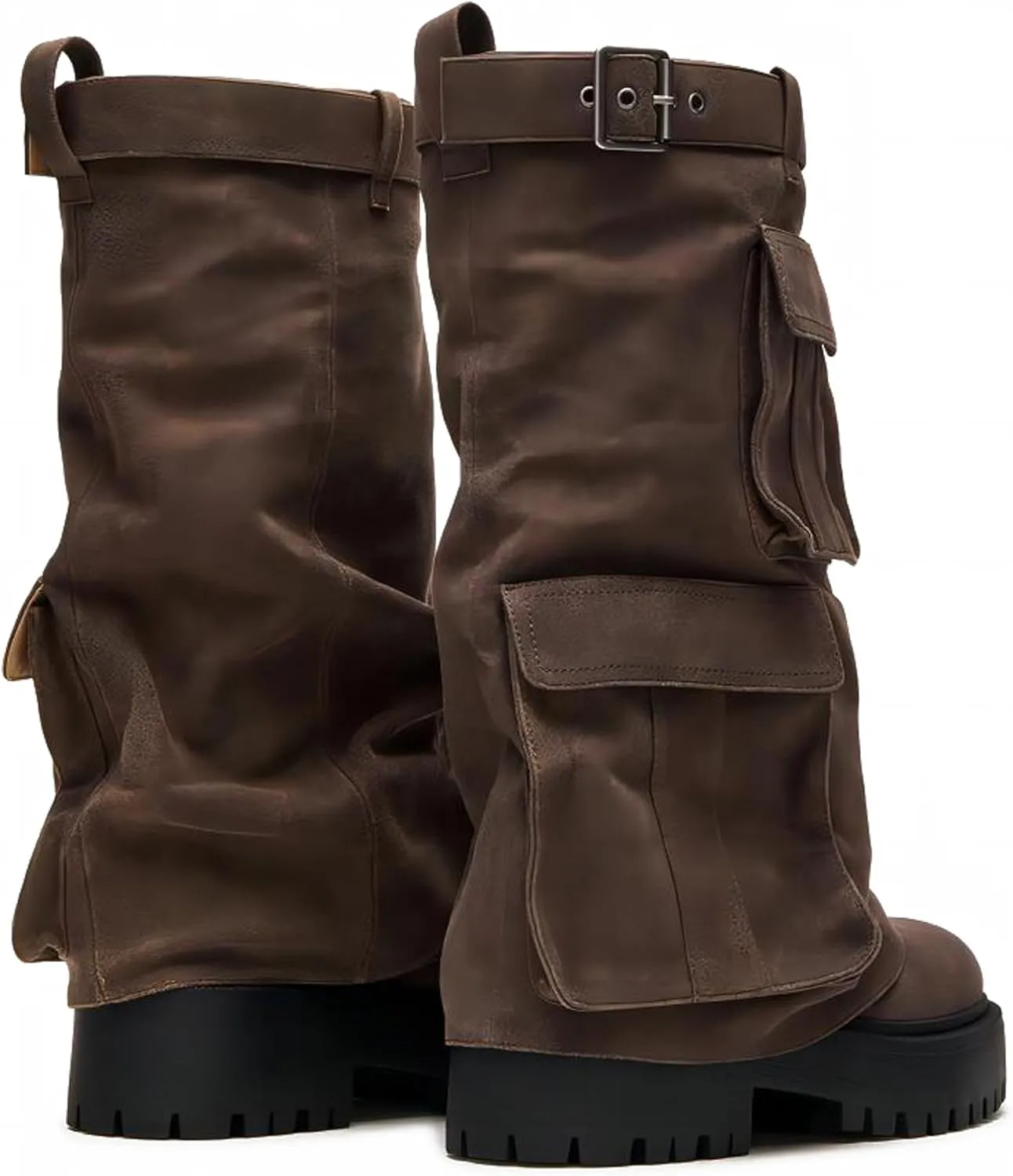 Fold Over Mid Calf Platform Boots for Women Round Toe Chunky Block Heel Shark Boots Combat Booties Gothic Motorcyle Party Shoes