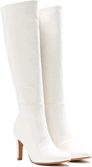 FOWT Women Croc-Embossed Mid Calf Boots Round Toe High Stiletto Heel Long Boots Sexy Side Zipper Unisex Warm Shoes for Office Outdoor Party 4-16 US Size
