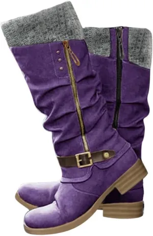 GUNIYIFS Women Snow Boots Chunky Low Heel Winter Boots for Women Vintage Knitted Ruched Comfortable Mid-Calf Boots Side Zipper Tall Boots Riding Boots