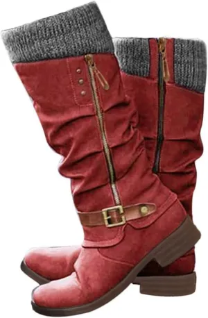 GUNIYIFS Women Snow Boots Chunky Low Heel Winter Boots for Women Vintage Knitted Ruched Comfortable Mid-Calf Boots Side Zipper Tall Boots Riding Boots