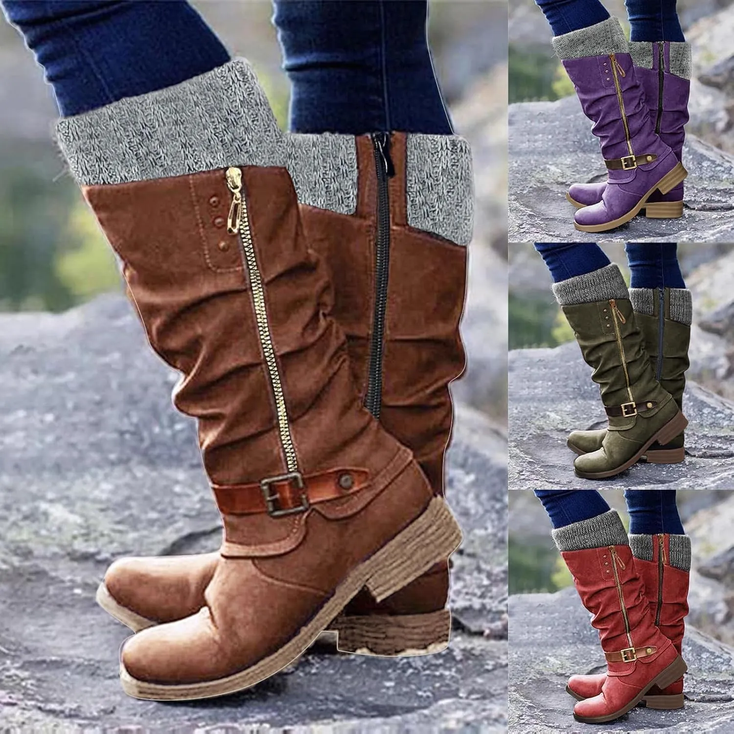GUNIYIFS Women Snow Boots Chunky Low Heel Winter Boots for Women Vintage Knitted Ruched Comfortable Mid-Calf Boots Side Zipper Tall Boots Riding Boots