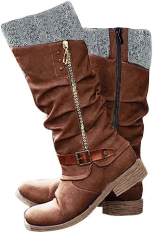 GUNIYIFS Women Snow Boots Chunky Low Heel Winter Boots for Women Vintage Knitted Ruched Comfortable Mid-Calf Boots Side Zipper Tall Boots Riding Boots