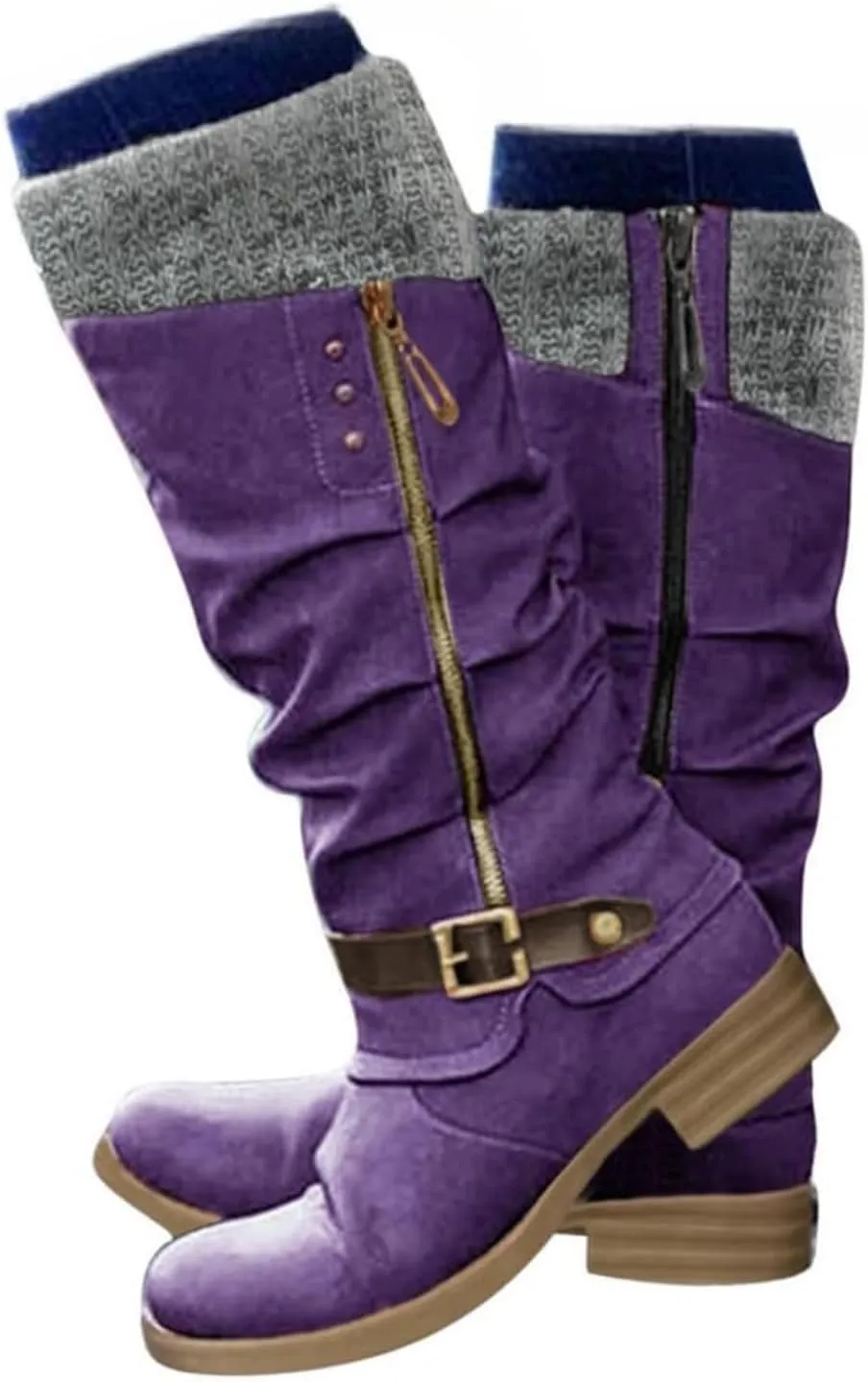 GUNIYIFS Women Snow Boots Chunky Low Heel Winter Boots for Women Vintage Knitted Ruched Comfortable Mid-Calf Boots Side Zipper Tall Boots Riding Boots