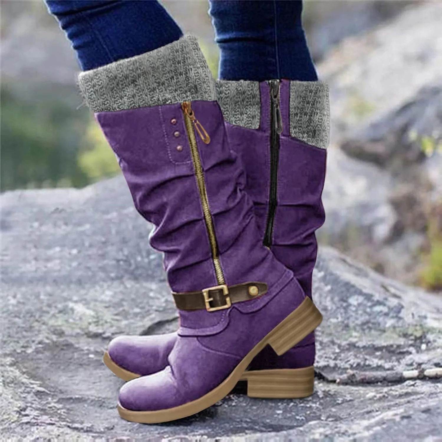 GUNIYIFS Women Snow Boots Chunky Low Heel Winter Boots for Women Vintage Knitted Ruched Comfortable Mid-Calf Boots Side Zipper Tall Boots Riding Boots