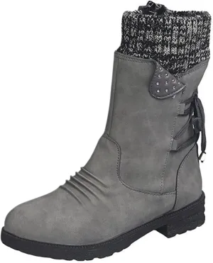 GUNIYIFS Women Winter Snow Boots Vintage Knitted Patchwork Ruched Chunky Low Heel Mid-Calf Boots Comfortable Slip On Shoes
