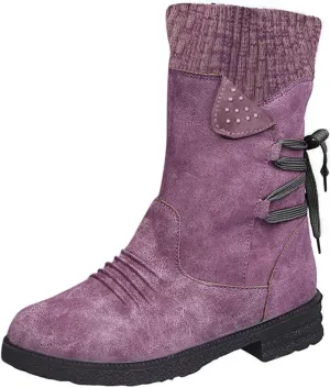 GUNIYIFS Women Winter Snow Boots Vintage Knitted Patchwork Ruched Chunky Low Heel Mid-Calf Boots Comfortable Slip On Shoes