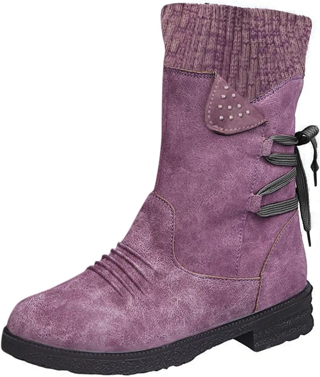 GUNIYIFS Women Winter Snow Boots Vintage Knitted Patchwork Ruched Chunky Low Heel Mid-Calf Boots Comfortable Slip On Shoes