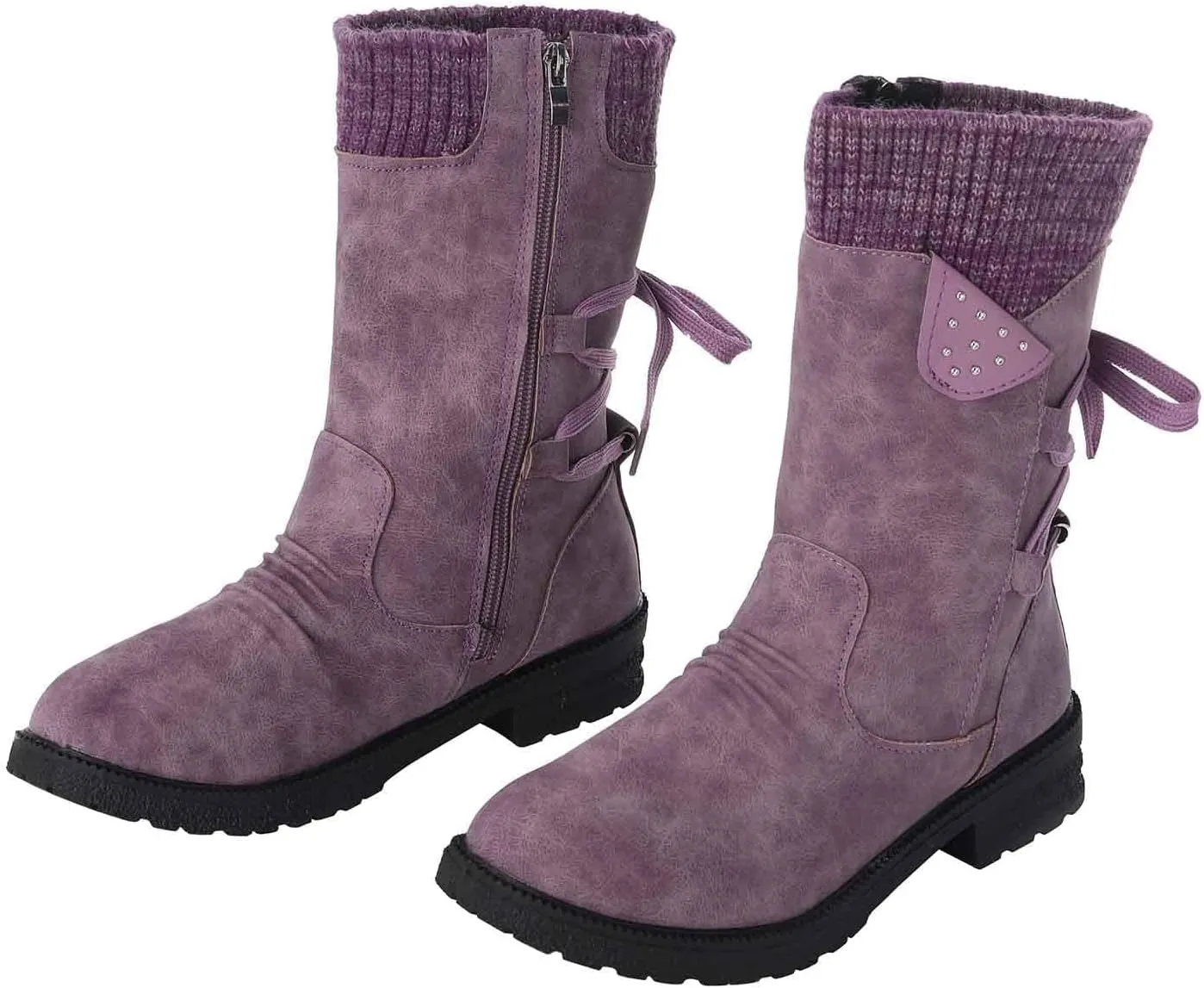 GUNIYIFS Women Winter Snow Boots Vintage Knitted Patchwork Ruched Chunky Low Heel Mid-Calf Boots Comfortable Slip On Shoes