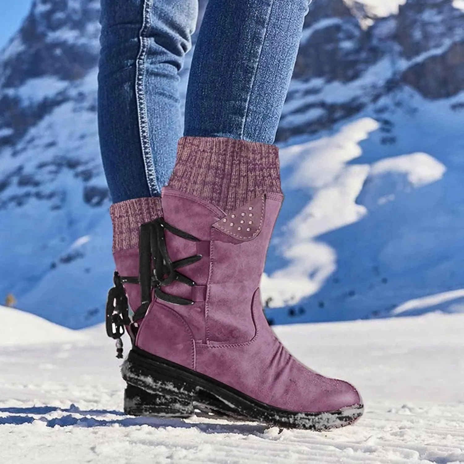 GUNIYIFS Women Winter Snow Boots Vintage Knitted Patchwork Ruched Chunky Low Heel Mid-Calf Boots Comfortable Slip On Shoes
