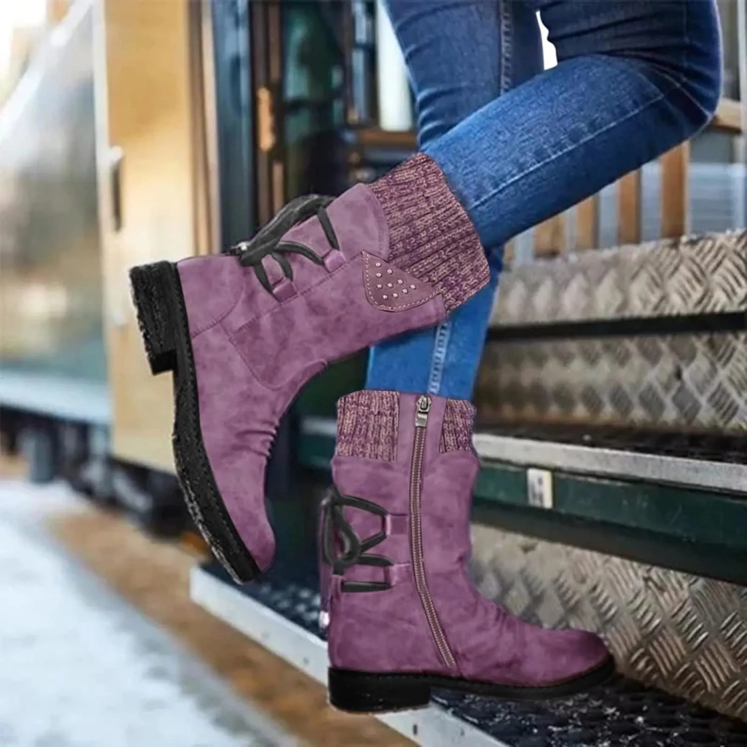 GUNIYIFS Women Winter Snow Boots Vintage Knitted Patchwork Ruched Chunky Low Heel Mid-Calf Boots Comfortable Slip On Shoes