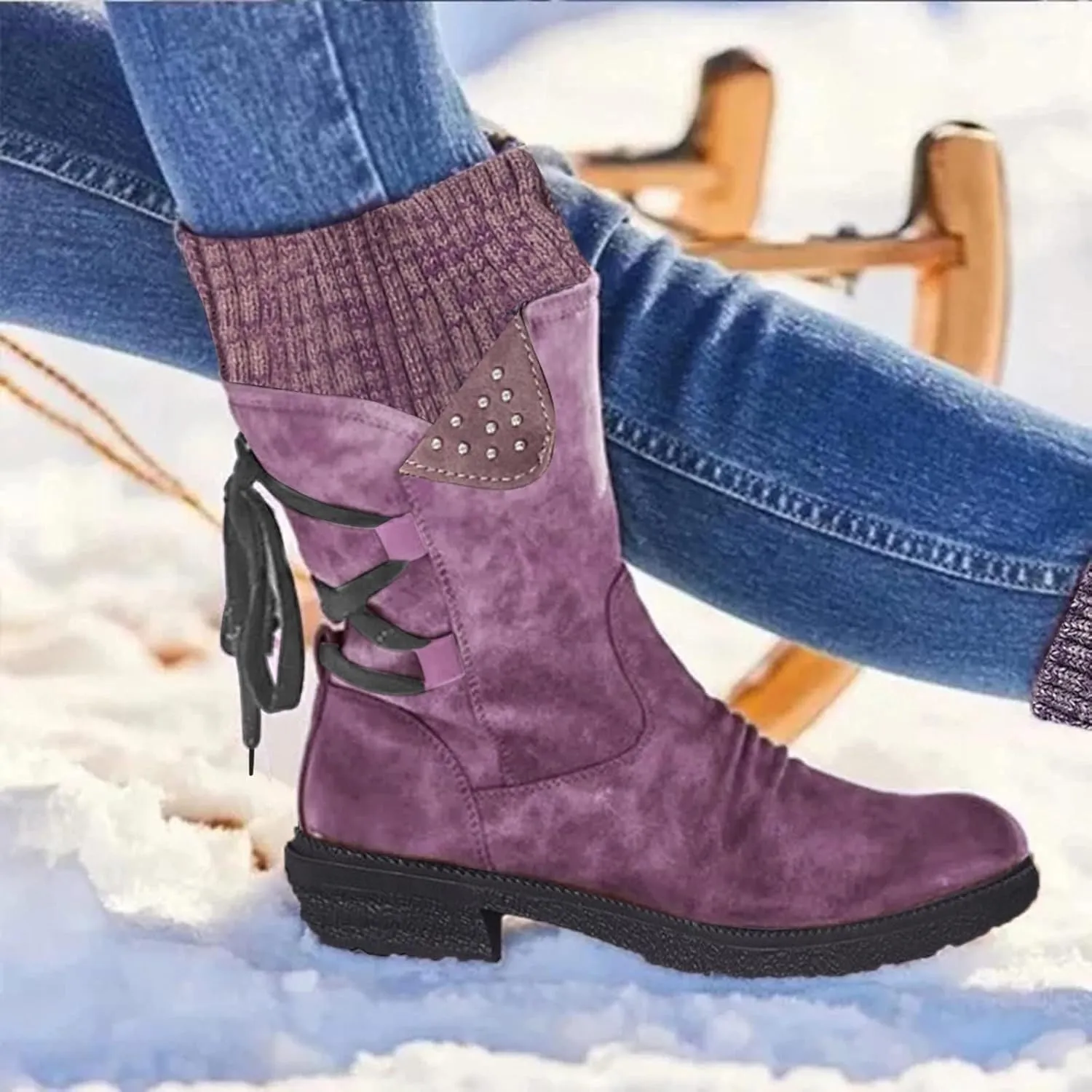 GUNIYIFS Women Winter Snow Boots Vintage Knitted Patchwork Ruched Chunky Low Heel Mid-Calf Boots Comfortable Slip On Shoes