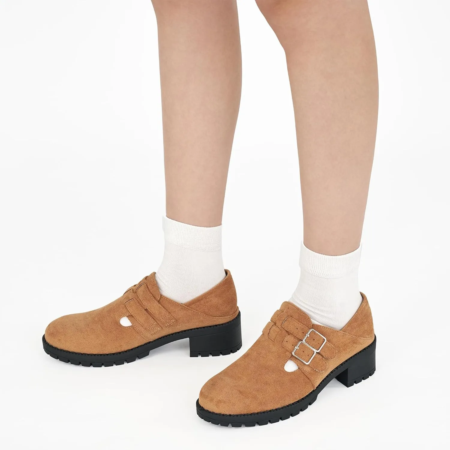 HARENCE Platform Loafers for Women: Casual Round Toe Suede Chunky Heeled Loafer Comfort Wedge Business Uniform Walking Shoes